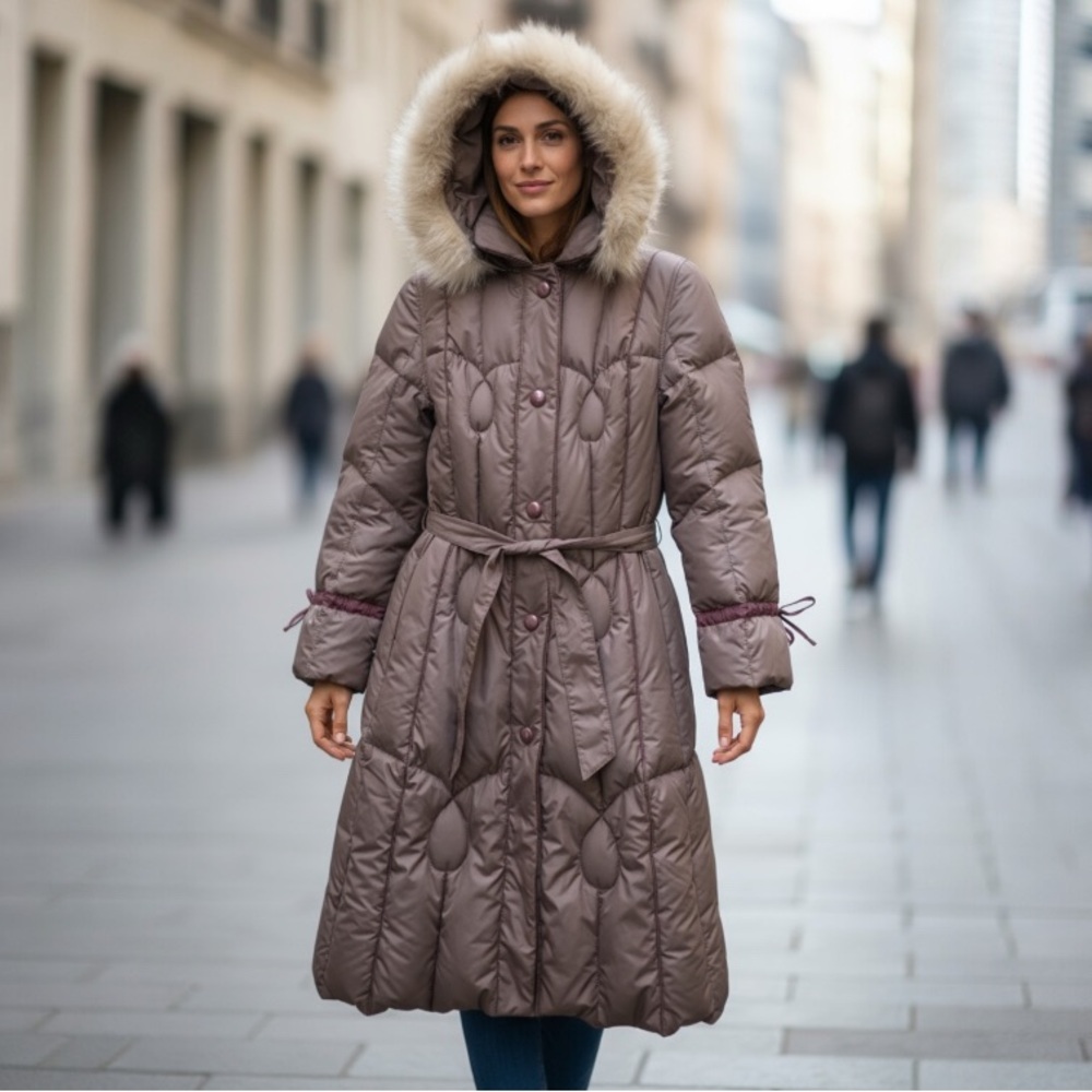 Sterling Stall Canada Vintage Genuine Fur Hooded Quilted Long Trench Coat Sz 14